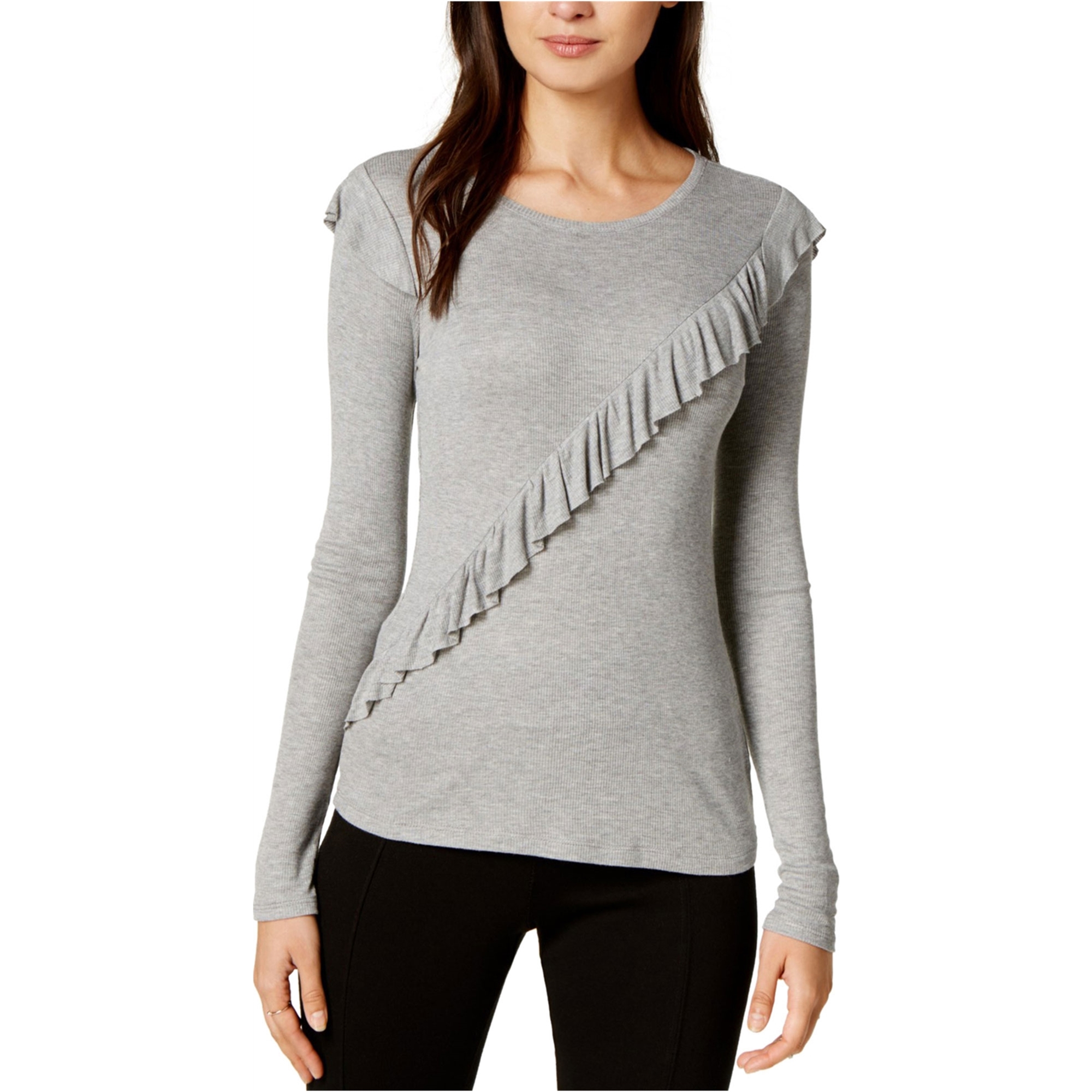 maison Jules Womens Ruffle Basic T-Shirt, Grey, Large